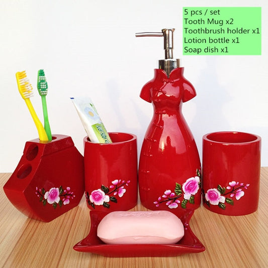 Red Ceramic Bathroom Soap Dispenser Set